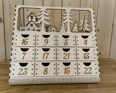 Holz Adventskalender mit Weihnachtslandschaft